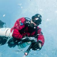 Le plongeur est dans l'halocline, couche d'eau entre l'eau douce et l'eau salée. La glace est de l'eau douce qui provient des glaciers environnant.
