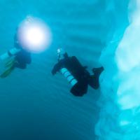 Plongeurs le long d'une paroi d'un iceberg du fjord Sermilik sur la côte est du Groenland